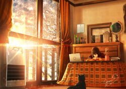 Rule 34 | androgynous, book, cabinet, calendar (object), cat, computer, cup, curtains, february, fusui, gender request, globe, heater, indoors, kotatsu, laptop, open book, original, radio, reading, scenery, signature, sitting, snow, solo, steam, sunlight, table, window, wooden floor