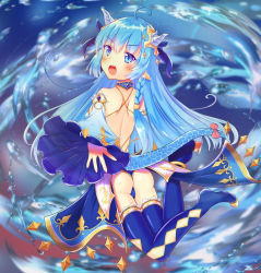 Rule 34 | 1girl, ass, bare shoulders, blue eyes, blue hair, blush, bow, detached sleeves, dragon girl, dragon horns, dragon tail, from behind, horns, king&#039;s raid, leotard, lilia (king&#039;s raid), long hair, looking at viewer, looking back, open mouth, shiny skin, solo, tail, tail bow, tail ornament, thighhighs, thong, thong leotard, very long hair, water