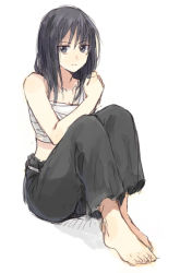 Rule 34 | 1girl, amputee, bandages, barefoot, black eyes, black hair, full body, fullmetal alchemist, hand on own shoulder, lan fan, long hair, looking at viewer, pants, riru, serious, simple background, solo, solo focus, white background