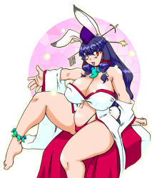 Rule 34 | 1girl, animal ears, bare shoulders, barefoot, blue hair, breasts, rabbit ears, rabbit tail, cleavage, female focus, hair ornament, hip focus, huge breasts, leg lift, legs, long hair, navel, open mouth, panties, plump, rabbit girl, red eyes, sitting, solo, tail, tatara, thick thighs, thighs, thong, underwear, wide hips
