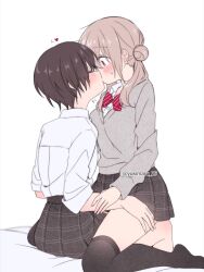 Rule 34 | 2girls, artist name, bed sheet, black socks, black thighhighs, blonde hair, blush, bow, bowtie, brown hair, brown skirt, closed eyes, commentary request, grey sweater, hair bun, hand on another&#039;s arm, hand on another&#039;s thigh, highres, kiss, multiple girls, original, pink eyes, plaid, plaid skirt, red bow, red bowtie, rinlaby, school uniform, shirt, short hair, skirt, socks, sweater, thighhighs, thighs, tomboy, translation request, twintails, white shirt, yuri