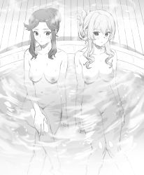 Rule 34 | 2girls, alternate hairstyle, arm at side, arms at sides, bath, bathing, blush, breasts, closed mouth, collarbone, commentary request, completely nude, crossed legs, feet out of frame, female pubic hair, folded ponytail, greyscale, groin, hair bun, hand on own knee, highres, indoors, knees together feet apart, long hair, looking away, looking to the side, medium breasts, medium hair, monochrome, multiple girls, navel, nipples, nude, parted bangs, partially submerged, protected link, pubic hair, pussy, saijou claudine, same-sex bathing, shared bathing, shoujo kageki revue starlight, side-by-side, sidelocks, sideways glance, single hair bun, sitting, steam, stomach, tendou maya, tori udon, water, water drop, wet, wet hair