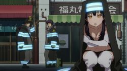 Rule 34 | 1girl, 2boys, bikini, black bikini, black hair, blush, breasts, character request, city, cleavage, covering privates, curvy, elbow gloves, embarrassed, en&#039;en no shouboutai, gloves, habit, highres, looking at another, looking away, medium breasts, multiple boys, nun, screencap, squatting, swimsuit, takehisa hinawa, tamaki kotatsu, thighhighs, thighs, twintails, veil, wardrobe malfunction, white gloves, white thighhighs, yellow eyes
