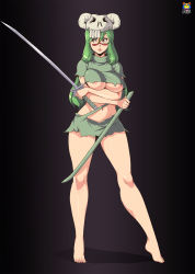 Rule 34 | 1girl, areola slip, barefoot, bleach, breasts, brown eyes, cleavage, curvy, facial mark, feet, full body, green hair, highres, kyoffie, large breasts, long hair, mask, navel, nelliel tu odelschwanck, scabbard, sheath, skull mask, solo, standing, stomach, sword, torn clothes, underboob, weapon, wide hips
