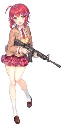 Rule 34 | 1girl, absurdres, ahoge, assault rifle, blazer, blush, bullet girls, full body, gun, hair ribbon, highres, hinomoto aya, holding, holding gun, holding weapon, jacket, loafers, long sleeves, looking at viewer, momoko (momopoco), necktie, official art, open clothes, open jacket, open mouth, plaid, plaid skirt, pleated skirt, red hair, ribbon, rifle, school uniform, shoes, short hair, simple background, skirt, solo, vest, weapon, white background, white legwear