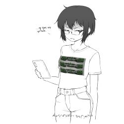 1girl breasts call_of_duty call_of_duty:_modern_warfare_2 cellphone commentary_request english_text glasses greyscale half-closed_eyes highres holding holding_phone monochrome original partially_colored phone shirt short_hair short_shorts shorts small_breasts smartphone solo t-shirt torn_clothes torn_shorts unamused yblndr