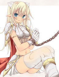 Rule 34 | 1girl, armlet, armor, bad id, bad pixiv id, bdsm, blonde hair, blue eyes, blush, bondage, bound, cape, chain, cuffs, elf, fang, gloves, highres, long hair, looking at viewer, midriff, navel, open mouth, original, pauldrons, pointy ears, see-through, shackles, shoulder armor, shugami, simple background, sitting, solo, sweat, tears, thighhighs, white thighhighs