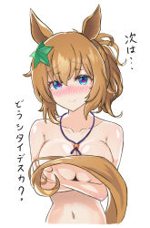 Rule 34 | 1girl, absurdres, animal ears, bare shoulders, blue eyes, breast hold, breasts, brown hair, cleavage, commentary request, hair ornament, highres, horse ears, horse girl, large breasts, looking at viewer, medium hair, ponytail, simple background, smile, solo, star (symbol), star hair ornament, taiki shuttle (umamusume), tail censor, titan (user gfax7344), topless, umamusume, upper body, white background