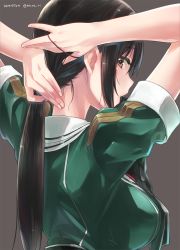 Rule 34 | 10s, 1girl, adjusting hair, arms up, bad id, bad twitter id, brown eyes, brown hair, chikuma (kancolle), dated, fingernails, from behind, kantai collection, koruri, long hair, looking back, nape, solo, twitter username, tying hair