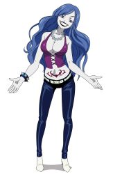 Rule 34 | 1girl, absurdres, blue eyes, blue hair, bracelet, breasts, cleavage, fairy tail, get, grin, head tilt, highres, jewelry, juvia lockser, lipstick, makeup, matching hair/eyes, smile, solo, spiked bracelet, spikes, transparent background, vector trace