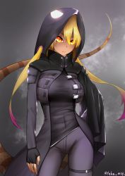 Rule 34 | 1girl, absurdres, alternate costume, arm at side, blonde hair, breasts, closed mouth, coat, covered navel, cowboy shot, dark-skinned female, dark skin, expressionless, fingerless gloves, gloves, glowing, glowing clothes, hair over one eye, hair through headwear, hand on own hip, highres, hood, hood up, hooded coat, kashisu mint, kemono friends, king cobra (kemono friends), large breasts, long hair, long sleeves, looking at viewer, multicolored hair, open clothes, open coat, orange eyes, pants, pink hair, shirt, smoke, snake tail, solo, tail, taut clothes, taut shirt, thigh strap, twintails, twitter username, two-tone hair, very long hair
