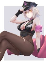 Rule 34 | 1girl, armband, bikini, black bikini, black gloves, blush, bodystocking, breasts, cameltoe, cleavage, commentary request, cosplay, fate/grand order, fate (series), fingerless gloves, gloves, hat, highres, jeanne d&#039;arc (fate), jeanne d&#039;arc alter (avenger) (fate), jeanne d&#039;arc alter (fate), large breasts, necktie, okuma707, pale skin, peaked cap, pink necktie, sessyoin kiara, sessyoin kiara (swimsuit mooncancer), sesshouin kiara (swimsuit mooncancer) (cosplay), sessyoin kiara (swimsuit mooncancer) (second ascension), short hair, silver hair, sitting, solo, swimsuit, torn bodystocking, torn clothes, yellow eyes
