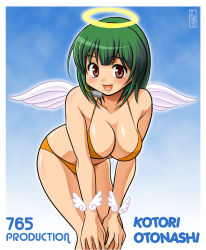 Rule 34 | 00s, 1girl, :d, alternate costume, angel, angel wings, bent over, bikini, blunt bangs, blush, breasts, brown eyes, character name, cleavage, collarbone, glowing, gradient background, green hair, halo, hands on own knees, headset, idolmaster, idolmaster (classic), large breasts, looking at viewer, microphone, mini wings, mole, mole under mouth, open mouth, orange bikini, otonashi kotori, outline, shimeta hiromitsu, short hair, smile, solo, swimsuit, wings