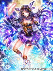 Rule 34 | 1girl, bracelet, breasts, choker, cleavage, copyright name, copyright request, elbow gloves, feather hair ornament, feathers, floating hair, gloves, feather hair ornament, head tilt, headpiece, holding, holding sheath, jewelry, layered skirt, long hair, looking at viewer, medium breasts, miniskirt, official art, purple eyes, purple gloves, purple hair, purple skirt, rioka (southern blue sky), sheath, skirt, solo, sparkle, standing, strapless, very long hair
