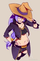 Rule 34 | 1girl, borrowed character, cowboy shot, feguimel, fingerless gloves, gloves, hand on own hip, hat, kaleina (ricegnat), long hair, low-tied long hair, nail polish, navel, original, pointy ears, purple eyes, purple hair, simple background, solo, standing, thighhighs, very long hair, watermark, web address, witch hat