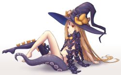 Rule 34 | 1girl, abigail williams (fate), abigail williams (second ascension) (fate), barefoot, black bow, black hat, black panties, black thighhighs, blonde hair, bow, chagara, commentary request, fate/grand order, fate (series), flat chest, from side, gradient background, grey background, hair bow, hat, hat bow, highres, keyhole, knees up, long hair, navel, no shoes, orange bow, panties, parted bangs, polka dot, polka dot bow, red eyes, revealing clothes, single thighhigh, sitting, solo, stuffed animal, stuffed toy, suction cups, teddy bear, tentacles, thighhighs, underwear, very long hair, white background, witch hat