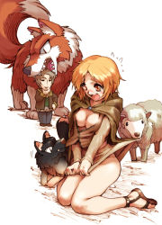 Rule 34 | 00s, 1boy, 1girl, animal, blonde hair, breasts, cleavage, clothes pull, craft lawrence, dog, enekk, hisahiko, holo, large breasts, nora arento, orange eyes, sheep, skirt, skirt pull, skirt tug, spice and wolf, wolf