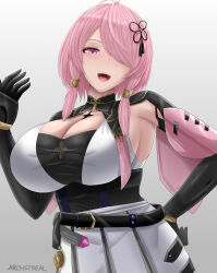 Rule 34 | 1girl, archstreal, artist name, black gloves, blush, breasts, gloves, gradient background, grey background, hair over one eye, hand up, highres, large breasts, looking at viewer, medium hair, one eye covered, open mouth, pink hair, purple eyes, simple background, skirt, smile, taoqi (wuthering waves), white skirt, wuthering waves