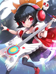 Rule 34 | 1girl, ashley (warioware), black dress, black hair, blush, crazy galaxy, dress, electric guitar, furrowed brow, gonzarez, guitar, hair ornament, headphones, highres, instrument, jacket, long hair, looking at viewer, nintendo, open mouth, pantyhose, red eyes, red footwear, red jacket, redrawn, skull hair ornament, solo, thighhighs, twintails, warioware, wristband