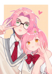 Rule 34 | 1boy, 1girl, :p, absurdres, arm around shoulder, beige background, black hair, blush, bob cut, bow, bowtie, collared shirt, colored tips, glasses, green eyes, habataki academy school uniform, hair ornament, hairclip, hand up, heart, height difference, highres, looking at viewer, multicolored hair, nanatsumori minoru, necktie, paki2000, parted bangs, pink hair, protagonist (tokimemo gs4), red bow, red bowtie, red necktie, school uniform, shirt, short hair, short sleeves, streaked hair, striped bow, striped bowtie, striped clothes, striped necktie, swept bangs, tokimeki memorial, tokimeki memorial girl&#039;s side 4th heart, tongue, tongue out, upper body, v, w, white shirt, yellow eyes