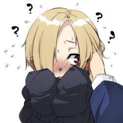 Rule 34 | 10s, 1girl, ?, aged down, bags under eyes, beniboshi, blonde hair, blush, child, ear blush, earrings, embarrassed, face, hair over one eye, hood, hoodie, idolmaster, idolmaster cinderella girls, jewelry, open mouth, oversized clothes, red eyes, shirasaka koume, short hair, simple background, sleeves past wrists, sweat, white background
