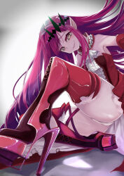 Rule 34 | 1girl, ass, baobhan sith (fate), baobhan sith (first ascension) (fate), bare shoulders, blush, boots, breasts, detached sleeves, dress, fate/grand order, fate (series), frilled dress, frills, grey eyes, hair ornament, high heel boots, high heels, highres, knee boots, long hair, looking at viewer, moral-steel, panties, pantyshot, parted lips, pink hair, pointy ears, red dress, red footwear, sidelocks, sinmo (dolomang), small breasts, smile, underwear, white background, white panties