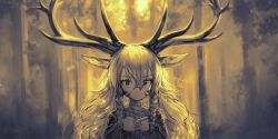 Rule 34 | 1girl, animal ears, antlers, braid, deer ears, expressionless, facial mark, forest, hair between eyes, highres, horns, kaito (k4itoh), long hair, nature, original, outdoors, reindeer antlers, solo, tattoo, tree, twin braids, upper body, yellow theme