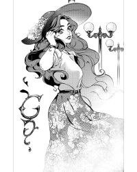 Rule 34 | 1girl, alderion-al, breasts, clip studio paint (medium), commentary request, floral print, flower, greyscale, hat, hat flower, highres, lamppost, long skirt, medium breasts, monochrome, original, parted lips, print skirt, skirt, smile, solo, spanish commentary, sun hat, watch, wavy hair, wristwatch