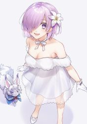Rule 34 | 1girl, :d, breasts, choker, cleavage, collarbone, dress, fate/grand order, fate (series), flower, fou, from above, gloves, hair flower, hair ornament, hair over one eye, high heels, highres, lily (flower), looking at viewer, mash kyrielight, mash kyrielight (formal dress), medium breasts, official alternate costume, open mouth, pumps, purple eyes, purple hair, ribbon, ribbon choker, see-through, shiao, short dress, short hair, simple background, sleeveless, sleeveless dress, smile, solo, standing, white background, white dress, white flower, white footwear, white gloves, white ribbon