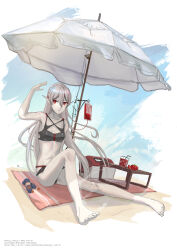 1girl absurdres arknights armpits artist_name artstation_username bare_legs barefoot beach beach_towel beach_umbrella bikini black_bikini blood blood_bag bottle braid breasts burning closed_mouth colored_skin commentary cooler crown_braid cup drinking_glass english_commentary feet hair_between_eyes highres intravenous_drip layered_bikini legs long_hair looking_to_the_side outdoors pale_skin pixiv_username pointy_ears red_eyes rh_1610 shadow signature sitting small_breasts smoke solo sweat swimsuit toenails toes tomato towel umbrella vampire variant_set very_long_hair warfarin_(arknights) white_hair white_skin youtube_username