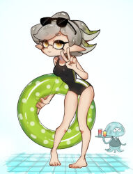 Rule 34 | + +, 1girl, bare legs, barefoot, black one-piece swimsuit, breasts, full body, grey hair, hand up, highres, holding, holding tray, inkling, innertube, leaning forward, looking at viewer, m4ymask, marie (splatoon), medium breasts, medium hair, mole, mole under eye, nintendo, one-piece swimsuit, pointy ears, smile, solo focus, splatoon (series), splatoon 1, standing, sunglasses, swim ring, swimsuit, tentacle hair, tile floor, tiles, tray, v, yellow eyes