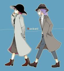 Rule 34 | 1boy, 1girl, alternate costume, atsumi yoshioka, black headwear, blue background, blue eyes, boots, brown footwear, buttons, closed mouth, coat, collared shirt, commentary request, creatures (company), earrings, from side, full body, game freak, grey coat, grey pants, hand in pocket, hand up, hat, high heel boots, high heels, james (pokemon), jessie (pokemon), jewelry, long sleeves, nintendo, pants, pokemon, pokemon (anime), purple hair, ribbed sweater, shirt, short hair, skirt, smile, sweater, team rocket, white shirt