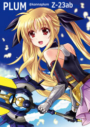 Rule 34 | 1girl, :d, bardiche (nanoha), bardiche (straight saber form) (nanoha), black ribbon, blonde hair, blue background, detached sleeves, fate testarossa, fate testarossa (blaze form ii), floating hair, gauntlets, hair between eyes, hair ribbon, holding, holding sword, holding weapon, kanna (plum), long hair, looking at viewer, lyrical nanoha, miniskirt, open mouth, pink skirt, pleated skirt, red eyes, ribbon, skin tight, skirt, sky, smile, solo, sword, twintails, upper body, very long hair, weapon