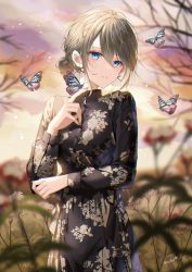 Rule 34 | 1girl, animal, autumn, bare tree, black dress, black nails, blue eyes, blurry, blurry background, blurry foreground, brown hair, bug, butterfly, commentary request, depth of field, dress, fingernails, floral print, hair between eyes, hair bun, hand up, highres, insect, long fingernails, looking at viewer, myusha, nail polish, original, outdoors, parted lips, print dress, rose print, signature, single hair bun, solo, tree