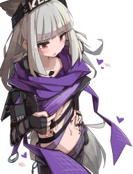 Rule 34 | 1girl, absurdres, animal ears, arknights, black gloves, black nails, black pants, blunt bangs, blush, commentary, cowboy shot, crop top, fingerless gloves, fox ears, frostleaf (arknights), frostleaf (breaking the ice) (arknights), gloves, grey hair, heart, highres, jacket, long hair, material growth, midriff, nail polish, navel, official alternate costume, oripathy lesion (arknights), pants, parted lips, purple jacket, red eyes, simple background, solo, standing, stomach, togekk0, white background