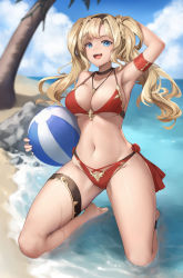 1girl, bangs, bare shoulders, beach, bikini, blonde hair, blue eyes, blue sky, breasts, cleavage, collarbone, granblue fantasy, hair intakes, hairband, highres, large breasts, long hair, looking at viewer, miso (b7669726), navel, open mouth, red bikini, shore, sky, smile, swimsuit, thighs, twintails, zeta (granblue fantasy)