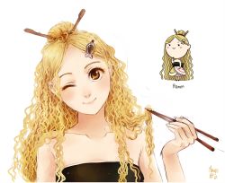 Rule 34 | 1girl, bare arms, blonde hair, blush stickers, brown eyes, chibi, chopsticks, collarbone, dress, food, food-themed clothes, hair bun, hair ornament, hair stick, hairclip, holding, kamaboko, long hair, meago, narutomaki, noodles, one eye closed, original, personification, ramen, signature, simple background, single hair bun, sketch, smile, solo, strapless, strapless dress, themed object, upper body, very long hair, wavy hair, wink