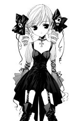 Rule 34 | 1girl, boots, bow, cross, curly hair, dress, drill hair, flat chest, garter belt, gothic lolita, greyscale, hair bow, jewelry, latin cross, lolita fashion, maris, maris mischa, monochrome, nanase aoi, necklace, petit monster, simple background, skull, solo, thighhighs, twin drills, zettai ryouiki