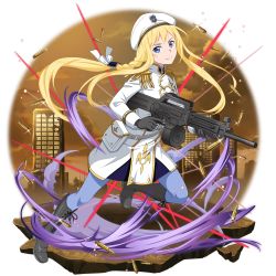Rule 34 | 1girl, alice zuberg, black gloves, blonde hair, blue eyes, blue pants, boots, bow, braid, braided ponytail, bullet, closed mouth, coat, cross-laced footwear, floating hair, full body, gloves, grey gloves, gun, hair bow, hat, highres, holding, holding gun, holding weapon, knee boots, lace-up boots, leg up, long hair, looking at viewer, military, military hat, military uniform, official alternate costume, official art, pants, ponytail, rifle, running, single braid, smile, solo, sword art online, transparent background, uniform, very long hair, weapon, white bow, white coat, white hat
