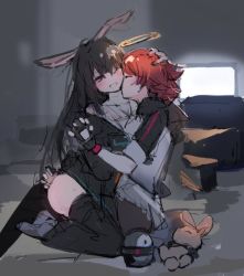 Rule 34 | 2girls, animal ears, arknights, ass grab, bad id, bad pixiv id, black coat, black gloves, black legwear, blush, brown eyes, brown hair, chinese commentary, clenched teeth, coat, commentary request, detached wings, doctor (arknights), energy wings, exusiai (arknights), closed eyes, female doctor (arknights), female focus, gloves, halo, hand on another&#039;s head, holding hands, indoors, interlocked fingers, kiss, kissing neck, kneeling, long hair, long sleeves, multiple girls, off shoulder, on floor, one eye closed, open clothes, open coat, rabbit ears, red hair, short hair, sitting, sketch, stuffed animal, stuffed rabbit, stuffed penguin, stuffed toy, teeth, television, thighhighs, tianye toshi, wings, yuri