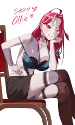 Rule 34 | 1girl, absurdres, ahoge, alternate breast size, alternate form, bare shoulders, bra, breasts, chair, choker, cleavage, colored skin, cross-laced choker, crossed legs, grey skin, hand on own cheek, hand on own face, highres, hololive, hololive indonesia, kureiji ollie, lace, lace-trimmed bra, lace trim, large breasts, long hair, looking at viewer, mm (mhm2592), multicolored skin, patchwork skin, red eyes, red hair, sallie (kureiji ollie), simple background, sitting, smile, solo, stitched face, stitched leg, stitches, symbol-shaped pupils, two-tone skin, underwear, virtual youtuber, white background, x-shaped pupils, yellow eyes, zombie