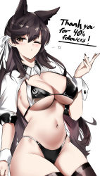 Rule 34 | 1girl, absurdres, animal ears, atago (azur lane), atago (stunning speedster) (azur lane), azur lane, bikini, black bikini, black nails, blush, breasts, brown hair, cleavage, dog ears, flag, highres, kyle (kysizzle), large breasts, long hair, mole, mole under eye, nail polish, navel, official alternate costume, one eye closed, open clothes, open shirt, smile, solo, star (symbol), swimsuit, thighhighs, thighs, two-tone bikini, wrist cuffs, yellow eyes