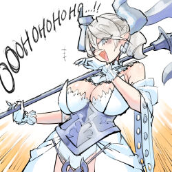 Rule 34 | 1girl, bare shoulders, blush, breasts, cleavage, commission, cowboy shot, demon girl, demon horns, detached sleeves, dress, duel monster, earrings, fang, grey hair, highres, holding, holding polearm, holding weapon, horns, jewelry, kaibootsu, large breasts, laughing, leotard, lovely labrynth of the silver castle, ojou-sama pose, open mouth, pointy ears, polearm, skin fang, solo, strapless, weapon, white dress, white leotard, yu-gi-oh!