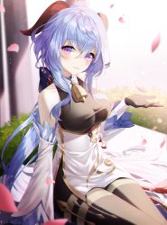 Rule 34 | 1girl, absurdres, ahoge, bare shoulders, bell, black gloves, black pantyhose, bloom, blue hair, blurry, blurry background, blush, breasts, closed mouth, day, depth of field, detached sleeves, dress, falling petals, feet out of frame, ganyu (genshin impact), genshin impact, gloves, gold trim, grass, hair between eyes, highres, horns, large breasts, light smile, long hair, looking at viewer, meoyo, on ground, outdoors, pantyhose, petals, purple eyes, sitting, solo, very long hair, white dress