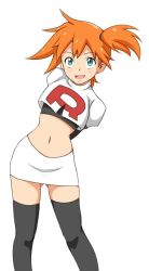 Rule 34 | 1girl, arms behind back, contrapposto, cosplay, creatures (company), game freak, gluteal fold, jessie (pokemon), jessie (pokemon) (cosplay), looking at viewer, midriff, misty (pokemon), monousa, navel, nintendo, open mouth, orange hair, pokemon, pokemon (anime), pokemon (classic anime), short hair, side ponytail, simple background, skirt, smile, solo, team rocket, team rocket uniform, thighhighs, white background