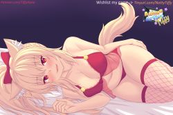 Rule 34 | 1girl, animal ear fluff, animal ears, bare arms, bare shoulders, blonde hair, blush, bra, breasts, cat ears, cat girl, cat tail, cleavage, collarbone, commentary, english commentary, fishnets, heart, heart-shaped pupils, highres, large breasts, lingerie, long hair, looking at viewer, lying, navel, nottytiffy, on side, original, panties, parted lips, patreon username, pink bra, pink panties, pink thighhighs, ponytail, purple background, red eyes, smile, solo, symbol-shaped pupils, tail, thighhighs, thighs, tiffy (nottytiffy), twitch username, underwear