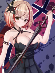 Rule 34 | 1girl, alternate costume, armlet, azur lane, bare shoulders, black dress, blush, breasts, brown eyes, cleavage, closed mouth, collarbone, commentary request, cross, dress, earrings, hair between eyes, hair ornament, hand up, head tilt, holding, holding weapon, iron cross, jewelry, large breasts, looking at viewer, multicolored hair, red hair, roon (azur lane), roon (dark red grin) (azur lane), sayashi (type5 labyrith), smile, solo, streaked hair, sword, weapon