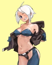 Rule 34 | ahoge, angel (kof), breasts, cleavage, commission, gloves, highres, jacket, large breasts, mexico, navel, revealing clothes, simple background, smile, solo, stomach, white hair, yellow background