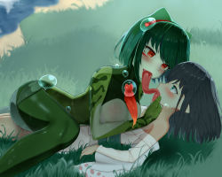 Rule 34 | 2girls, black hair, blush, breasts, colored skin, eye contact, facial mark, french kiss, frog girl, grabbing another&#039;s chin, grass, green eyes, green hair, green skin, hand on another&#039;s chin, highres, japanese clothes, kimono, kiss, large breasts, long tongue, looking at another, lying, medium hair, monster girl, monster girl encyclopedia, mucus toad (monster girl encyclopedia), multicolored skin, multiple girls, on back, open mouth, outdoors, red eyes, riozoz, saliva, short hair, tongue, tongue out, water drop, white kimono, yuri