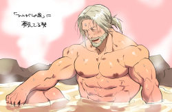 Rule 34 | 1boy, abs, bara, beard, blush, cid nan garlond, completely nude, facial hair, final fantasy, final fantasy xiv, knee up, large pectorals, male focus, mature male, medium hair, muscular, muscular male, mustache, nipples, nude, onsen, partially submerged, pectorals, rock, silver hair, solo, stomach, sugo6969, translation request, wet, wet hair